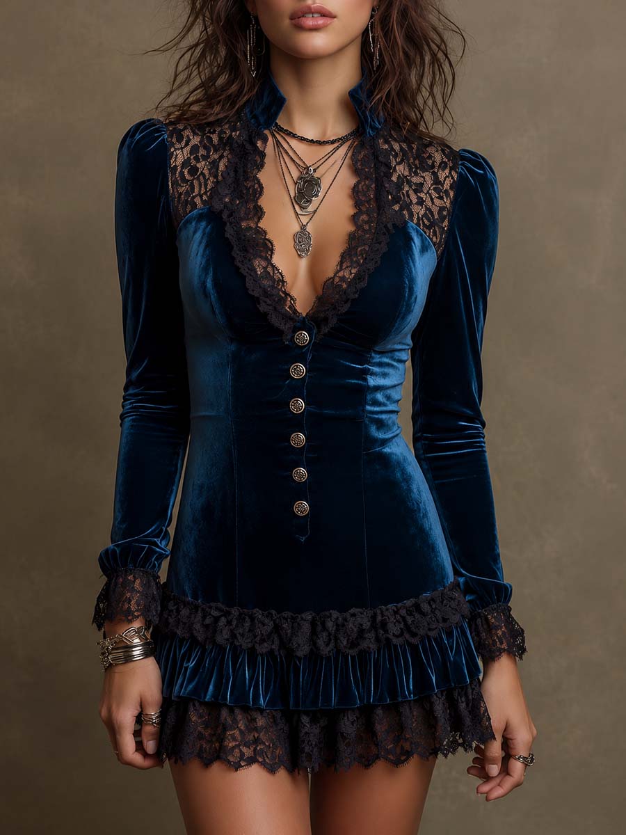 Gothic navy velvet and lace panelled slim-fit mini dress