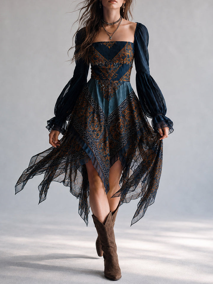 Navy Bohemian Paisley Print Handkerchief Hem Dress