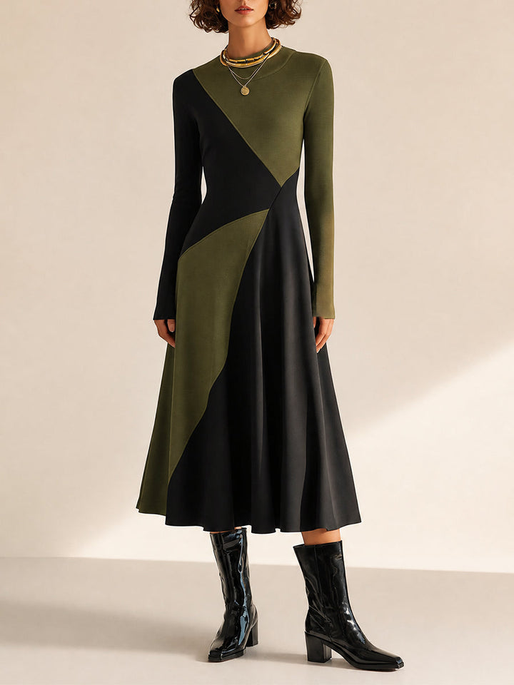Elegant Round-Neck Long-Sleeve Colorblock Belted A-Line Midi Dress