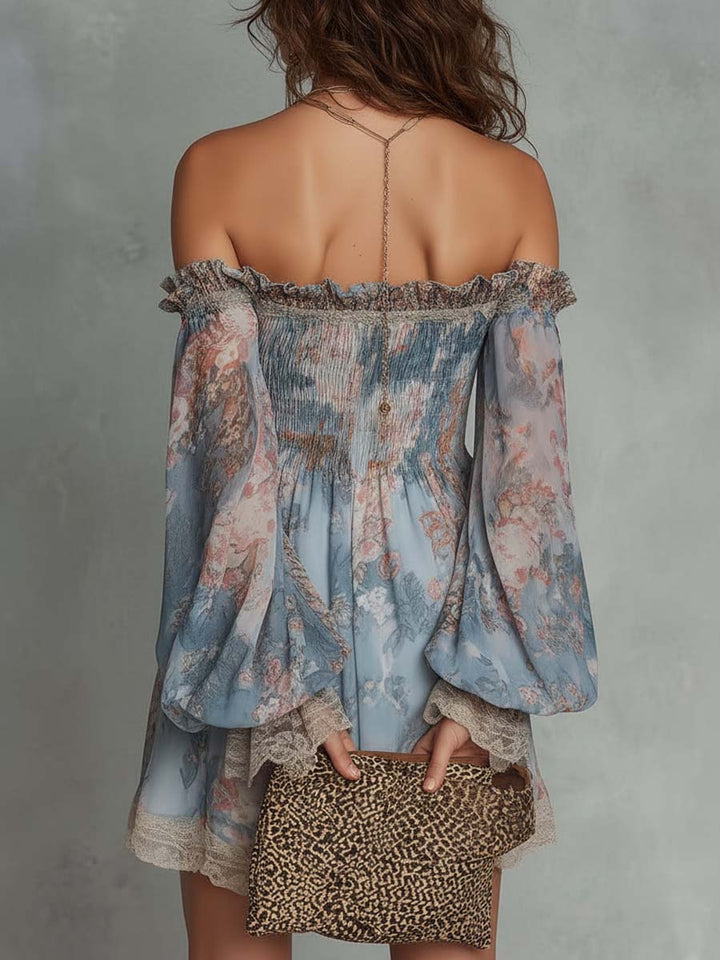 Romantic Floral Off-Shoulder Ruched Chiffon Mini Dress