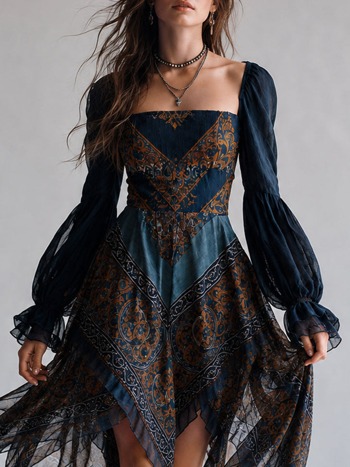 Navy Bohemian Paisley Print Handkerchief Hem Dress