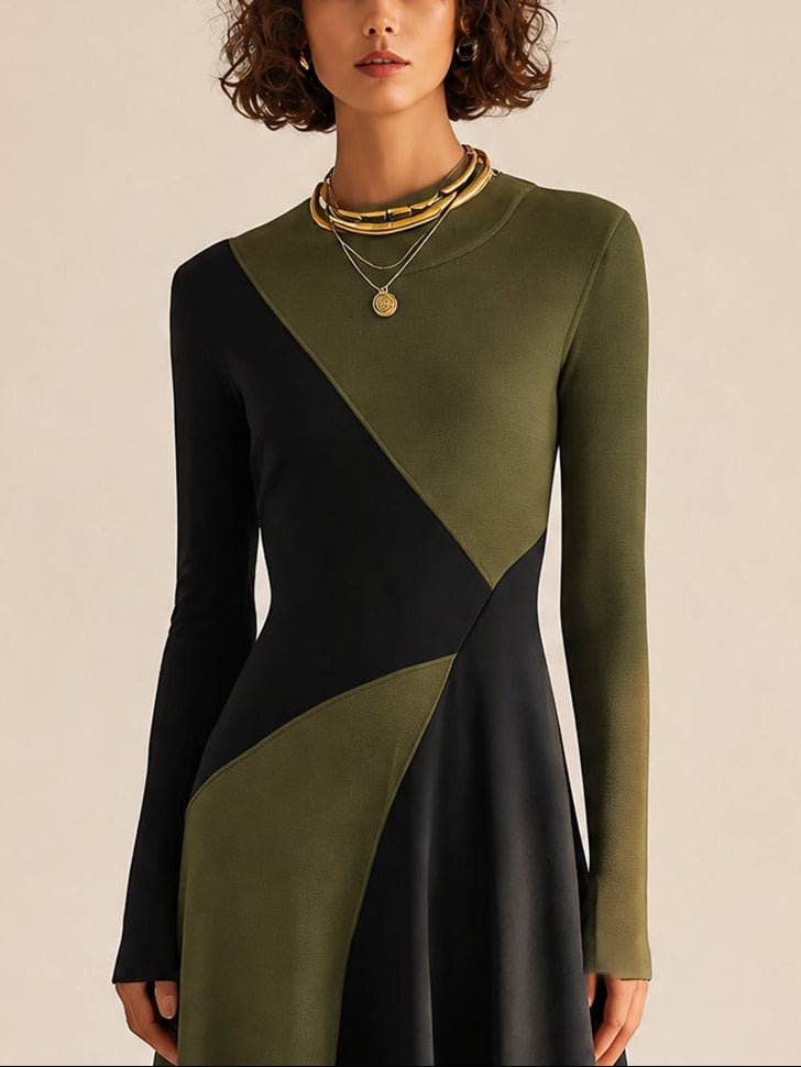 Elegant Round-Neck Long-Sleeve Colorblock Belted A-Line Midi Dress