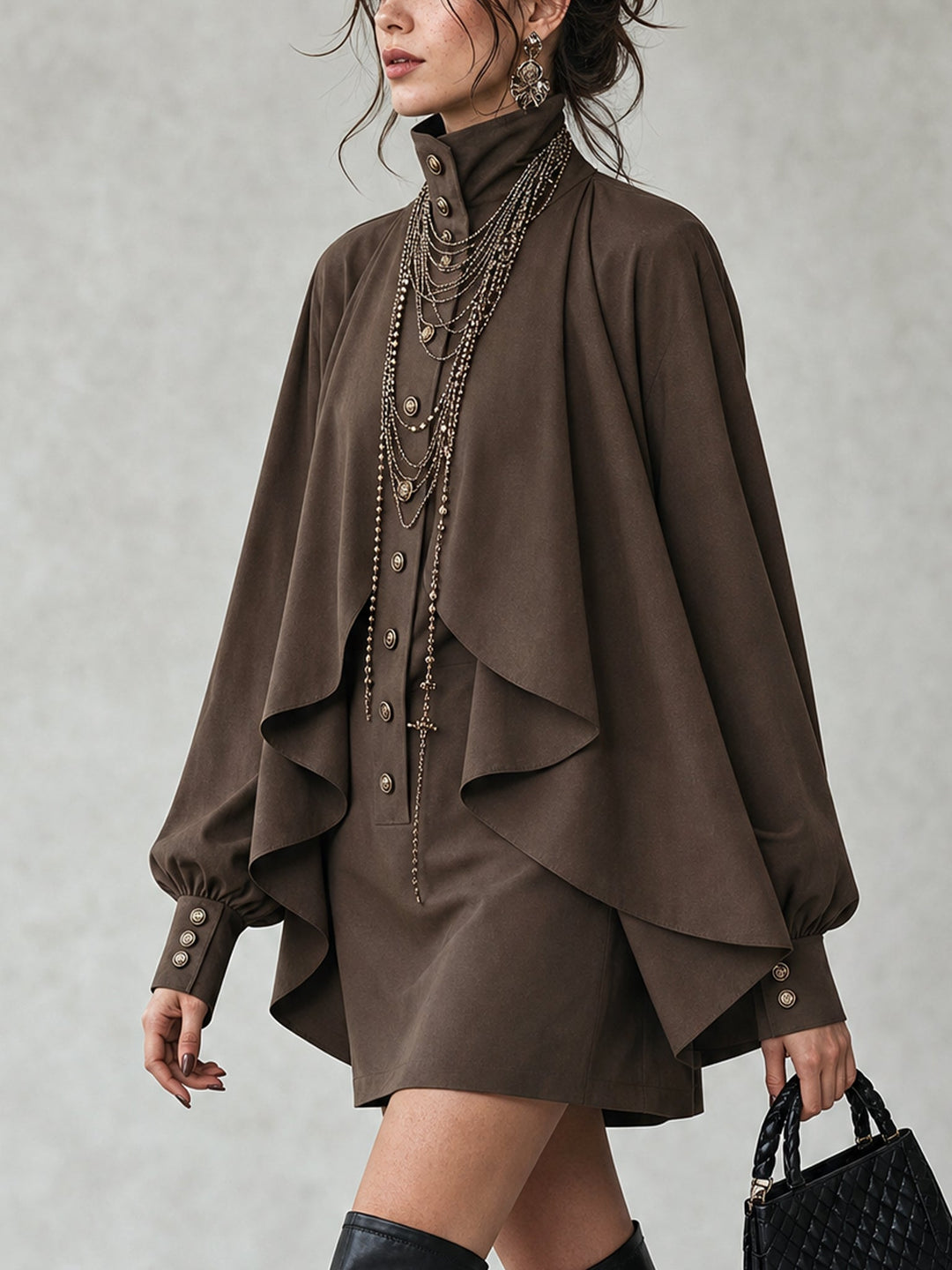 Chocolate high-neck mini dress with cape-style paneling