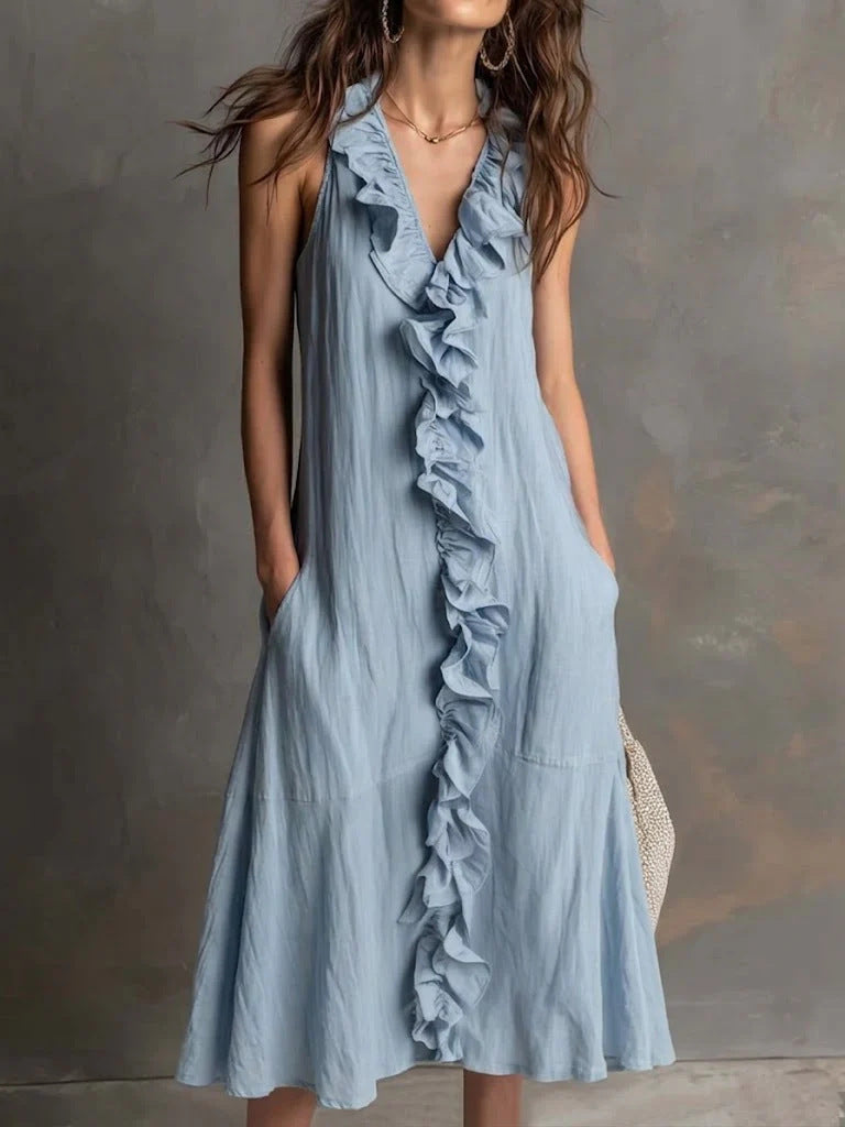 Women's Solid-Color Sleeveless V-Neck Flared Ruffle Dress