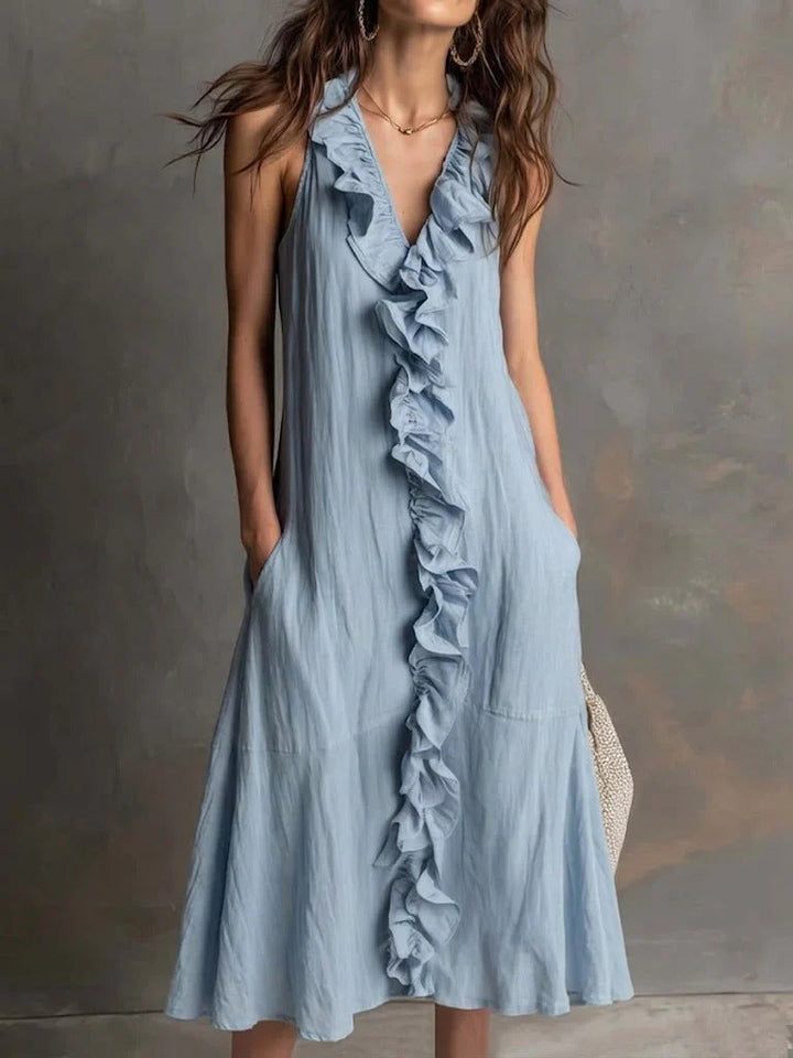 Women's Solid-Color Sleeveless V-Neck Flared Ruffle Dress