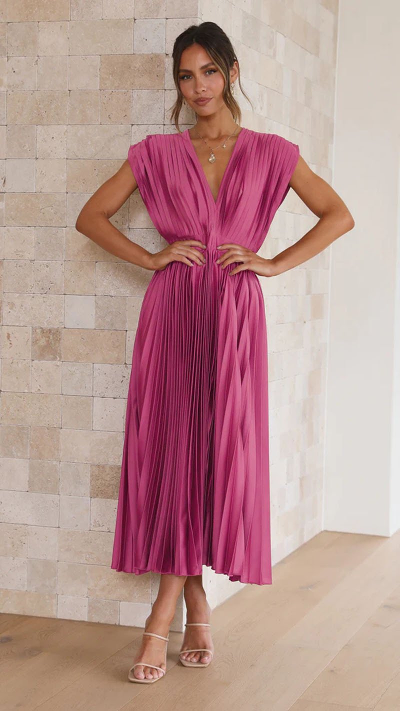 Elegant Satin Pleated V-neck Flowing Midi Dress