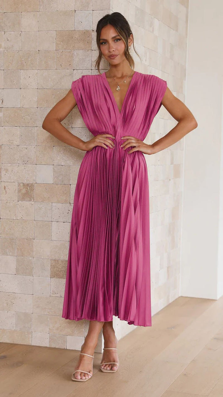 Elegant Satin Pleated V-neck Flowing Midi Dress