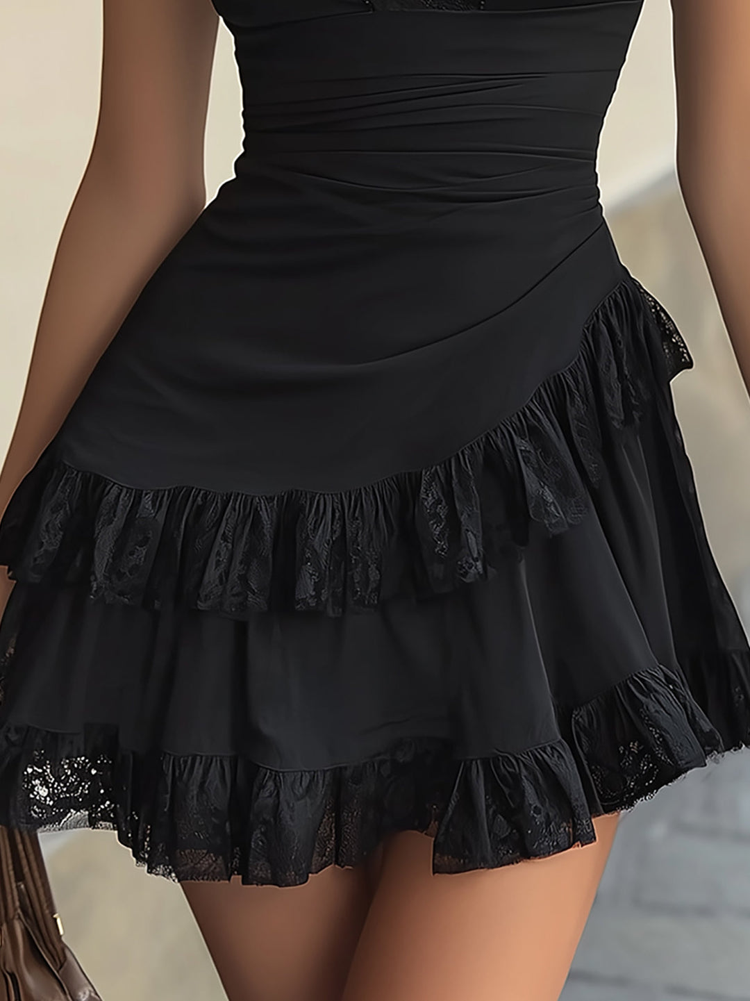 Black Lace V Neck Ruffle Hem Mini Dress