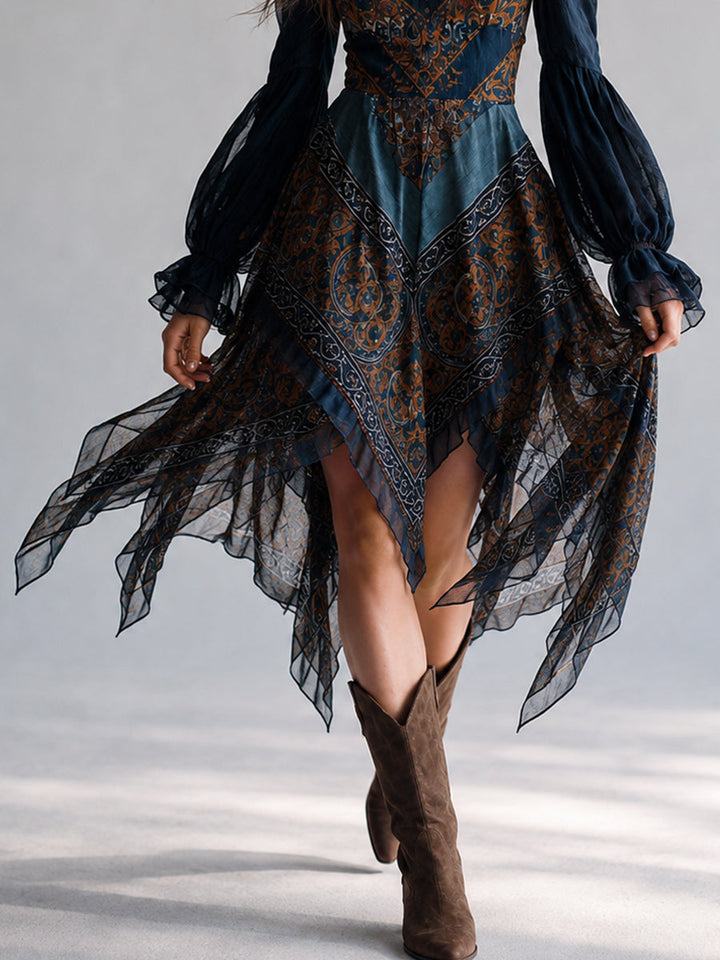 Navy Bohemian Paisley Print Handkerchief Hem Dress