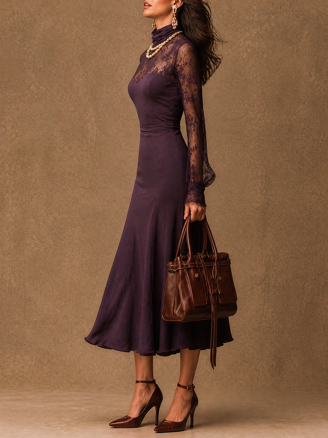 Elegant Purple Matte Satin Lace Long Sleeve Bodycon Midi Dress