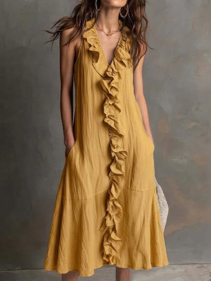Women's Solid-Color Sleeveless V-Neck Flared Ruffle Dress