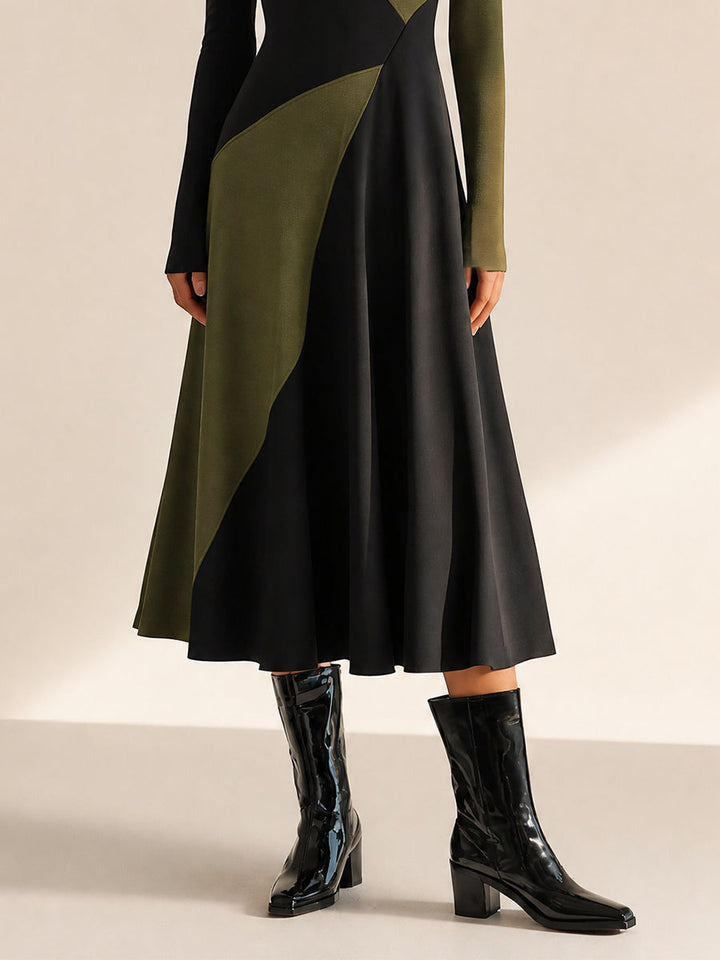 Elegant Round-Neck Long-Sleeve Colorblock Belted A-Line Midi Dress