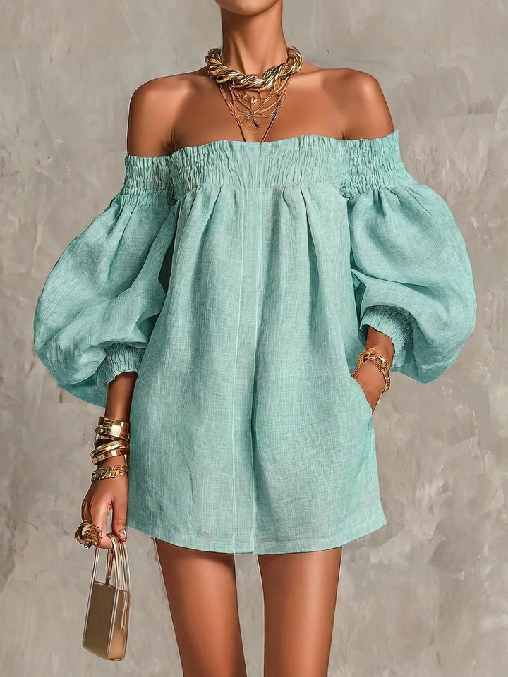 Pink Off-shoulder Lantern Sleeve A-line Loose Mini Dress