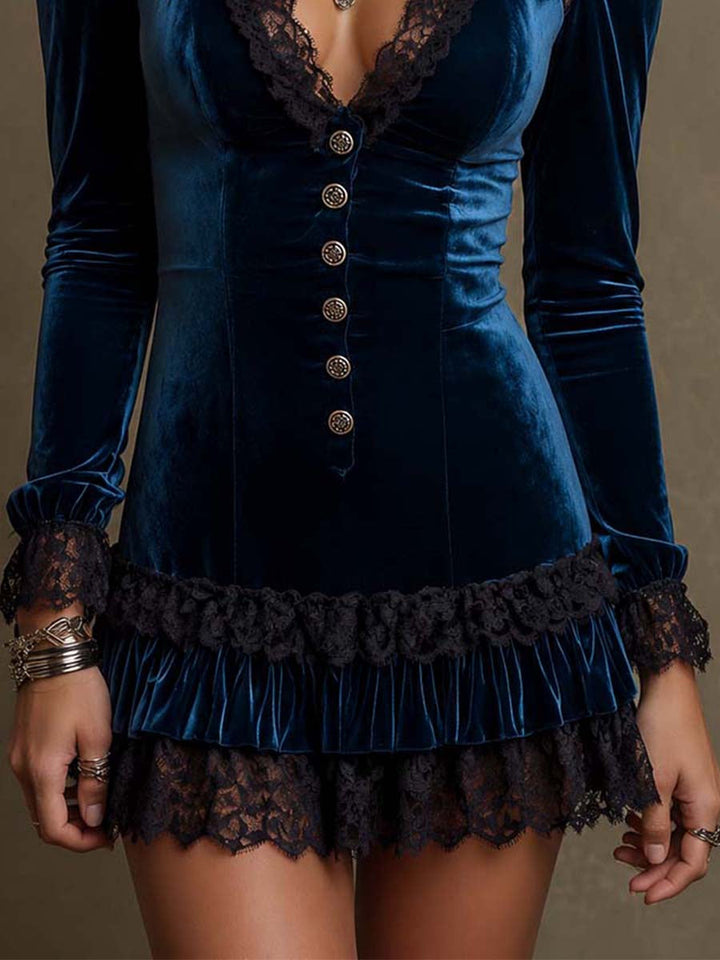 Gothic navy velvet and lace panelled slim-fit mini dress