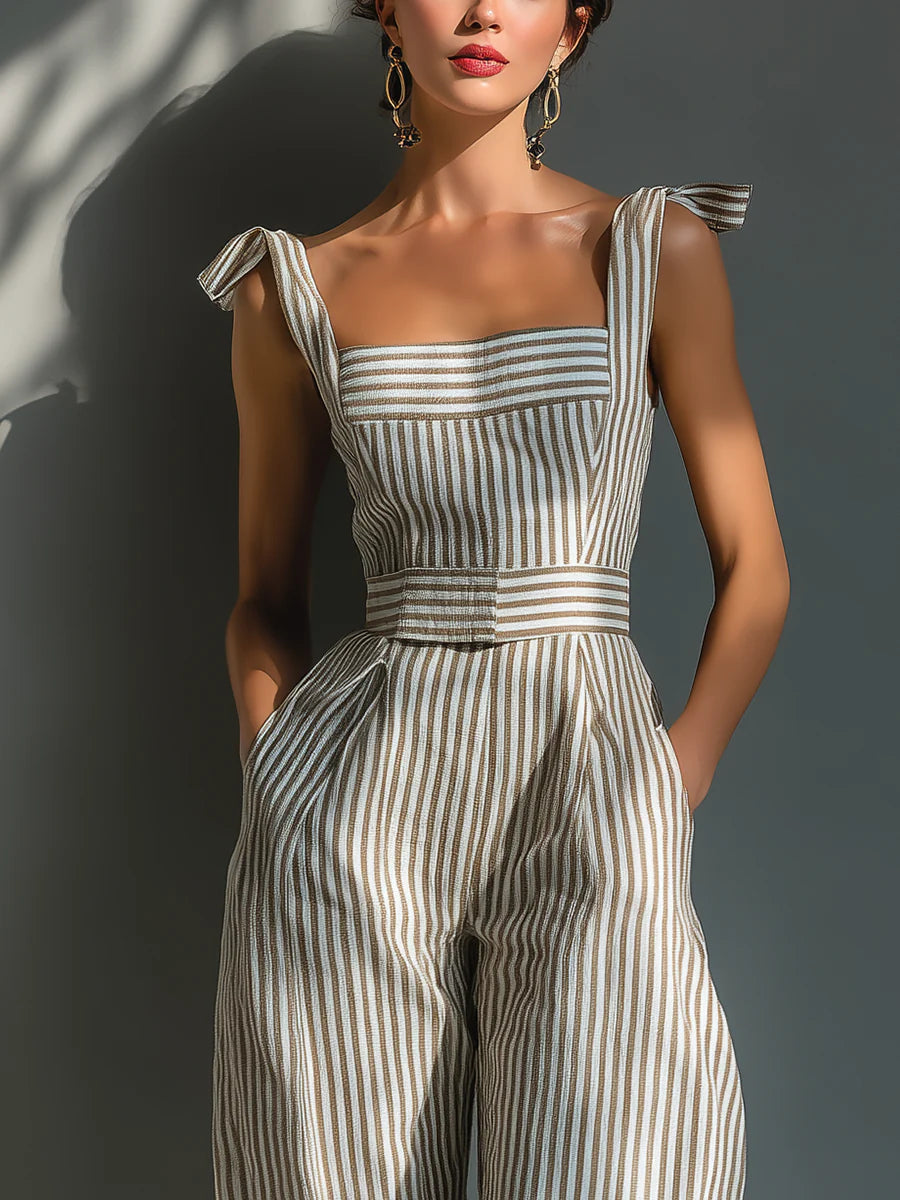 Beige Striped Linen Jumpsuit with Ties and Wide Leg