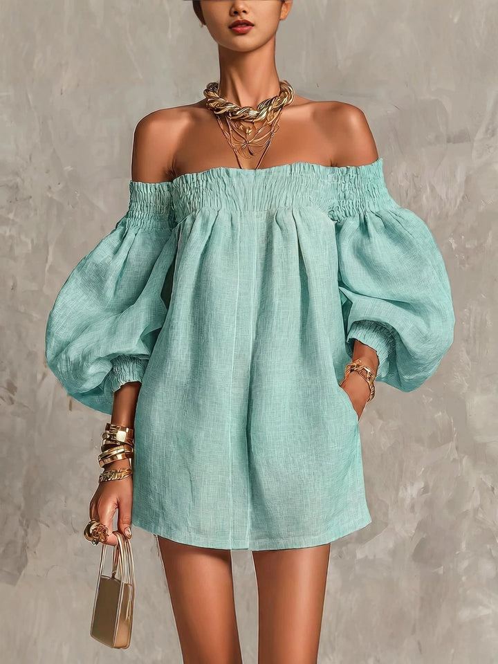 Pink Off-shoulder Lantern Sleeve A-line Loose Mini Dress