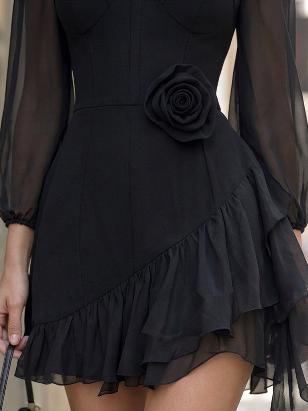 Elegant black sheer-sleeve mini dress with 3D roses and ruffles