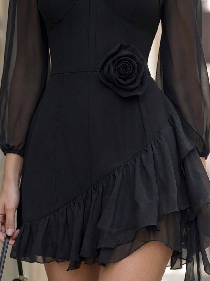 Elegant black sheer-sleeve mini dress with 3D roses and ruffles