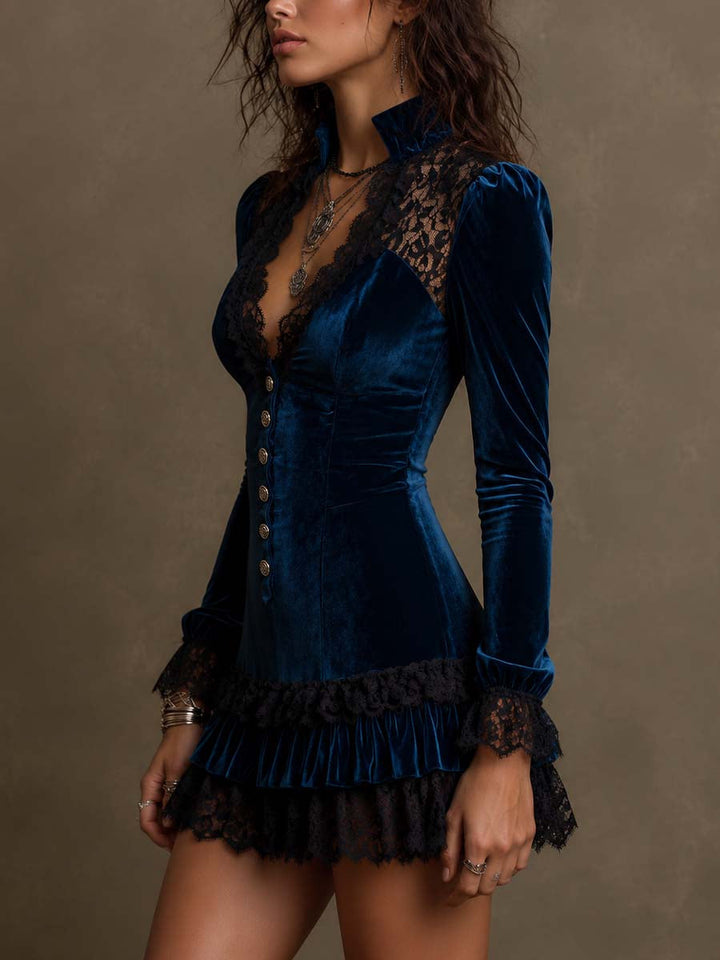 Gothic navy velvet and lace panelled slim-fit mini dress