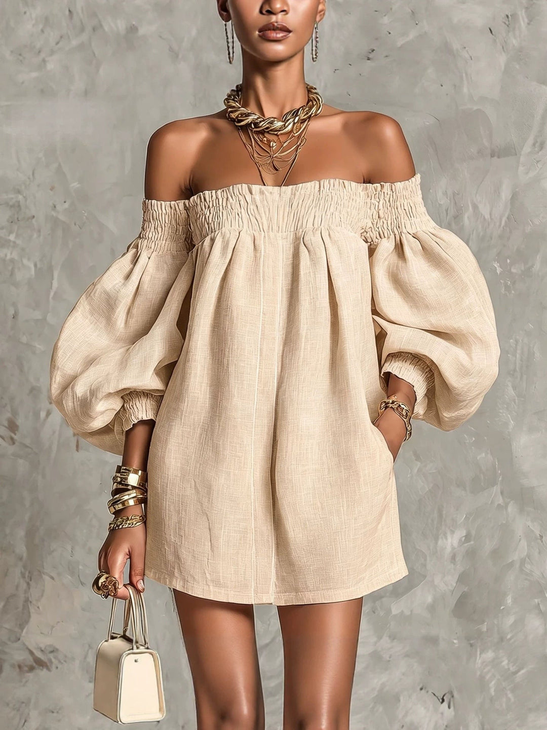 Pink Off-shoulder Lantern Sleeve A-line Loose Mini Dress