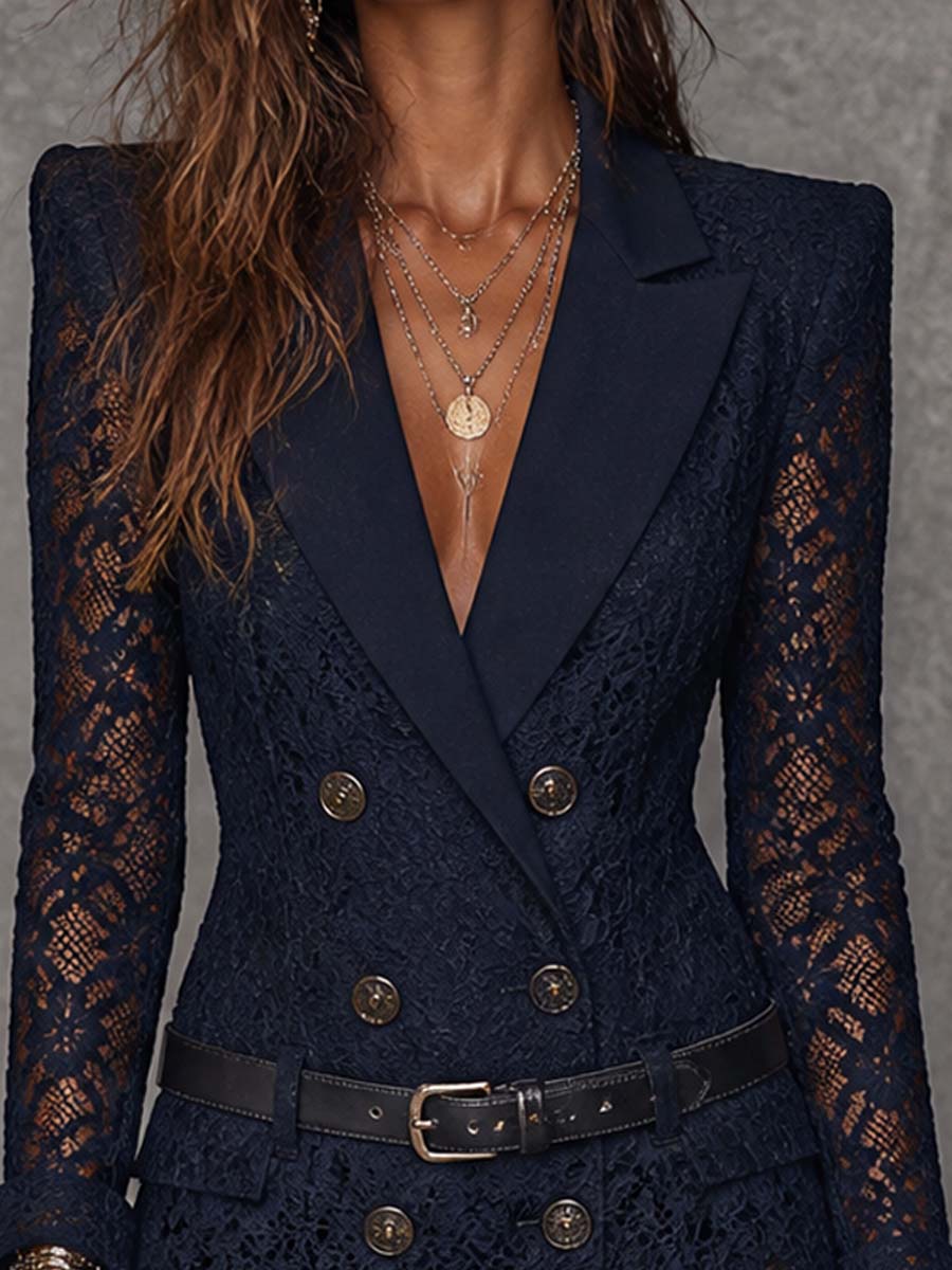 Navy lace double-breasted collared blazer mini dress (with belt)