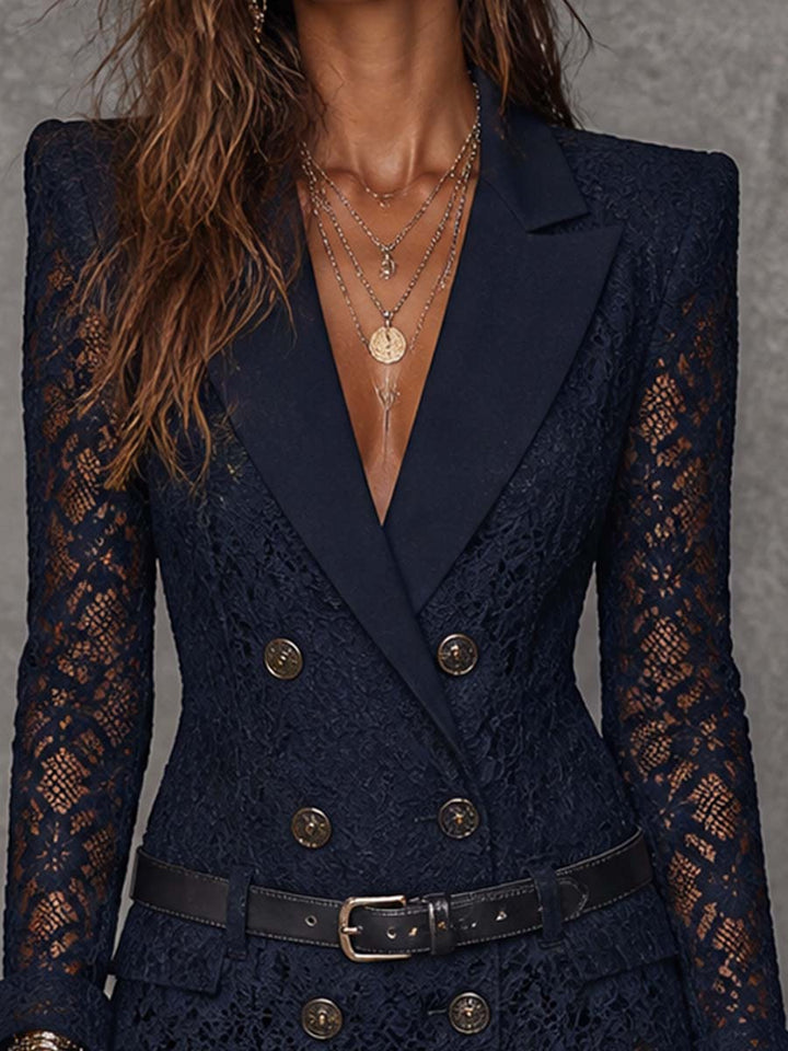 Navy lace double-breasted collared blazer mini dress (with belt)
