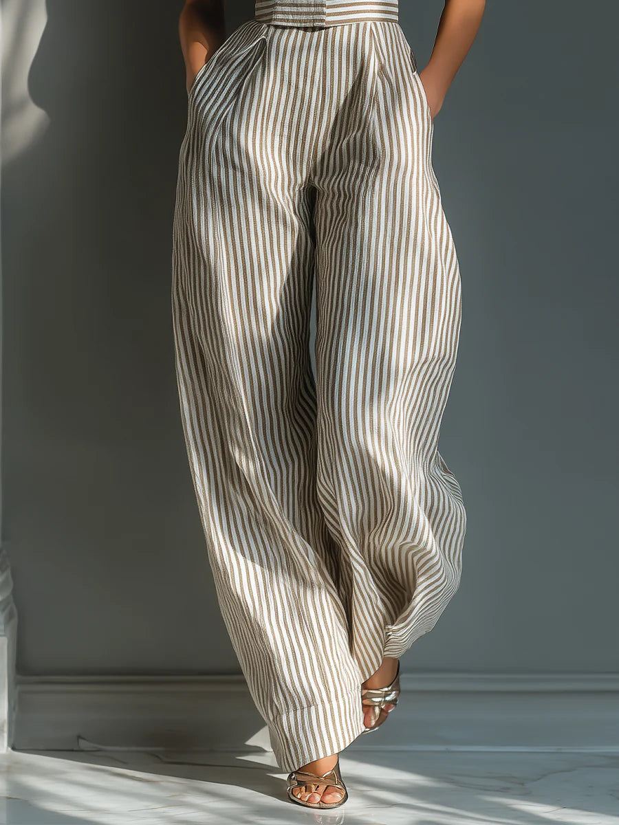 Beige Striped Linen Jumpsuit with Ties and Wide Leg