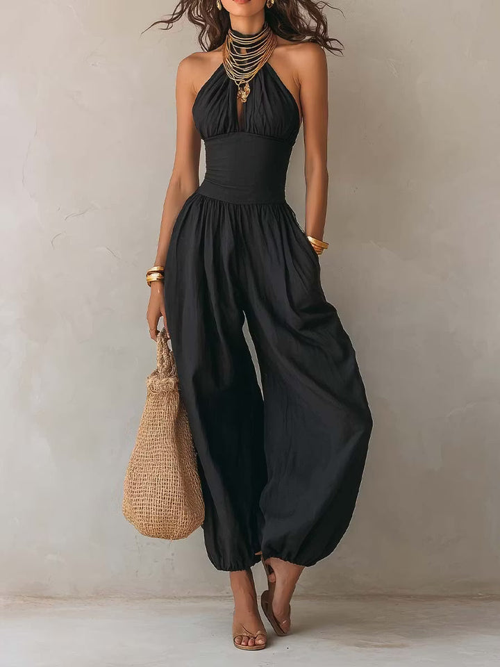 Bohemian Jumpsuit with Halter Neck and Puff Legs