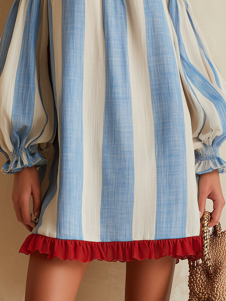 Blue and white striped off-the-shoulder mini dress with a contrasting hem