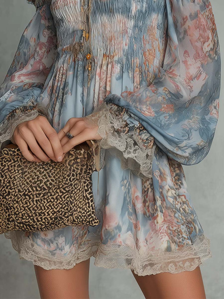 Romantic Floral Off-Shoulder Ruched Chiffon Mini Dress