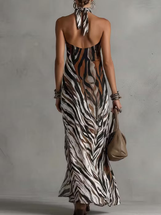 Sexy long dress with animal print and halter neck