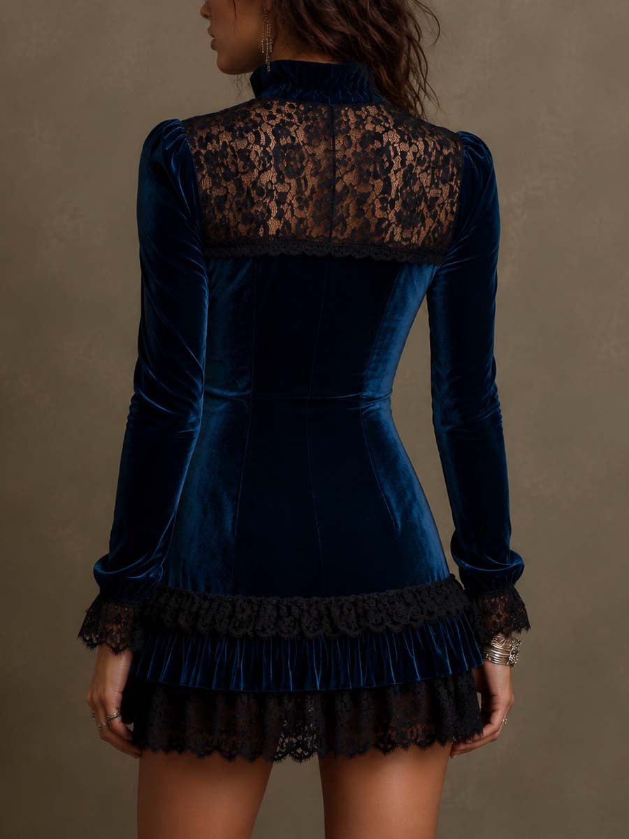Gothic navy velvet and lace panelled slim-fit mini dress