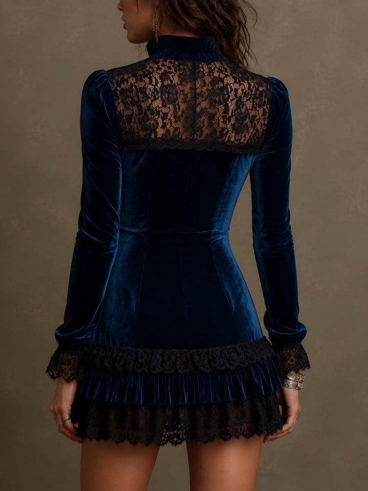 Gothic navy velvet and lace panelled slim-fit mini dress