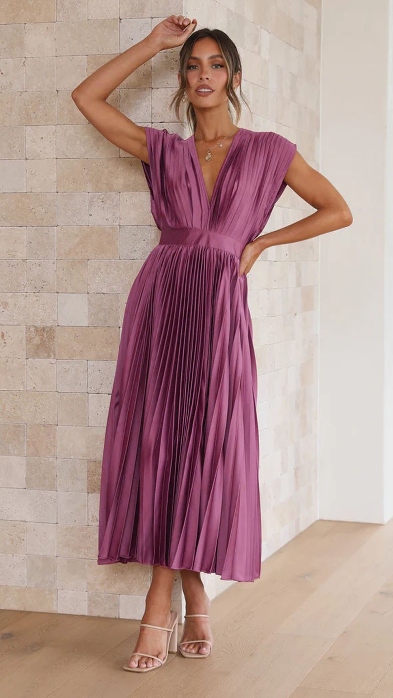 Elegant Satin Pleated V-neck Flowing Midi Dress