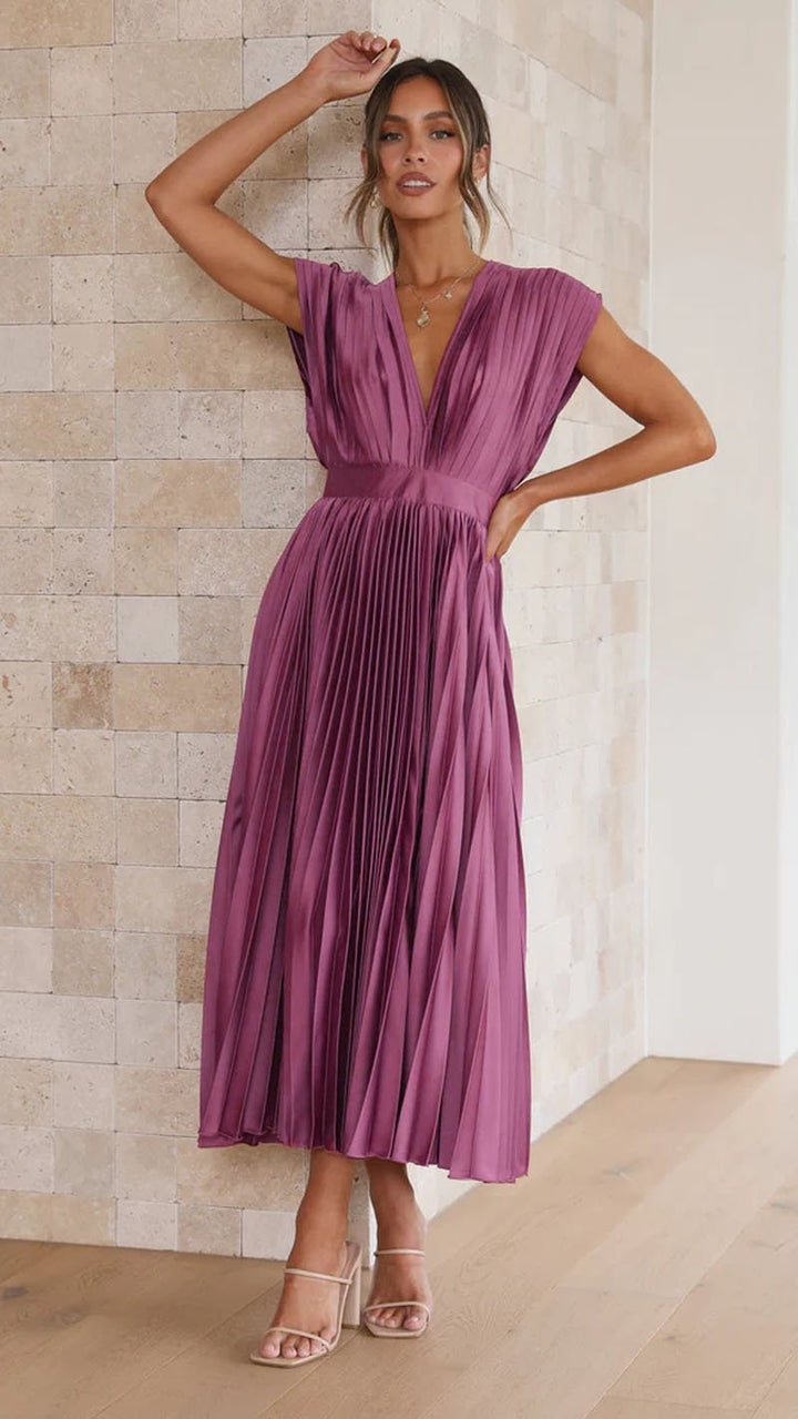 Elegant Satin Pleated V-neck Flowing Midi Dress