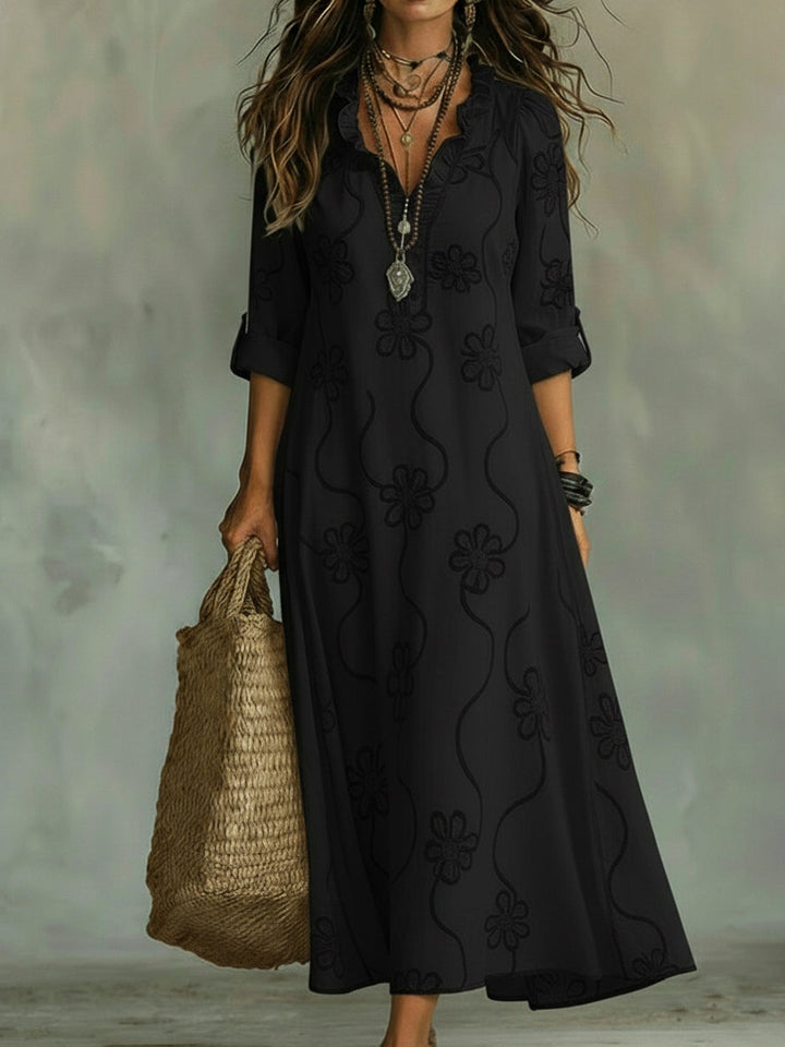 Elegant Floral Print Ruffled Collar Midi Dress