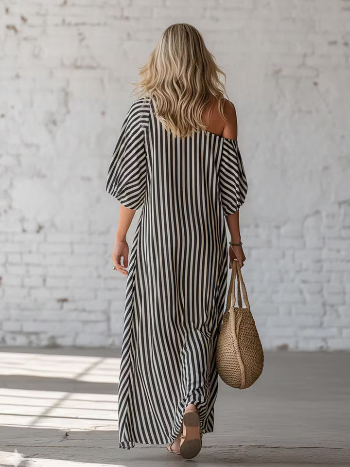 Elegant and Classic Striped Long Dress with Off-Shoulder Design