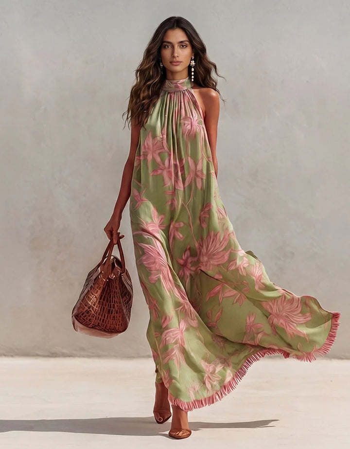 Flowy Maxi Dress with Open Back, Casual Floral Print and Fringes
