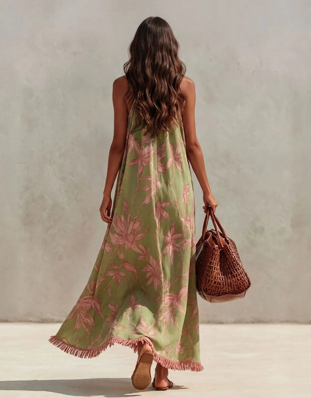 Flowy Maxi Dress with Open Back, Casual Floral Print and Fringes