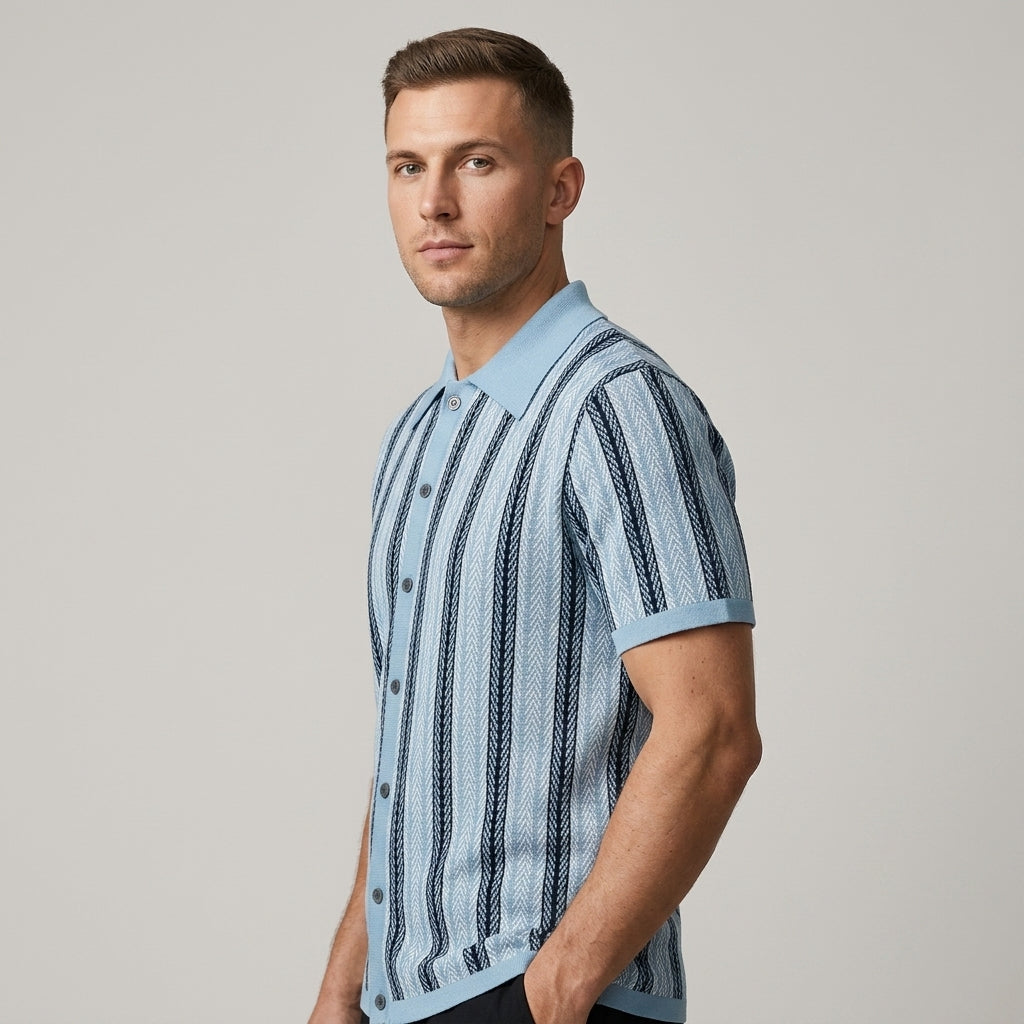 Reid Stripe Open Collar Knit Shirt