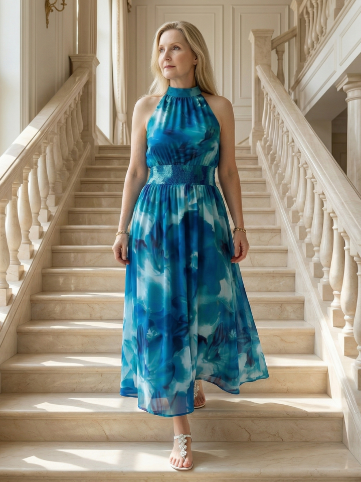 Midi Dress with Gathered Halter Neckline