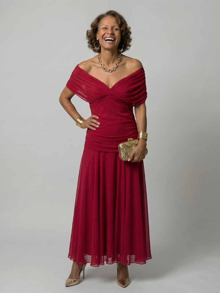 Casual Midi Dress with Off-Shoulder Sleeves Calen