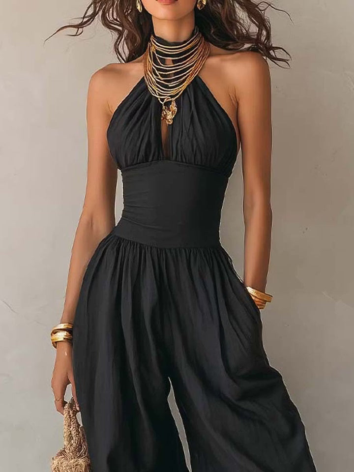 Bohemian Jumpsuit with Halter Neck and Puff Legs
