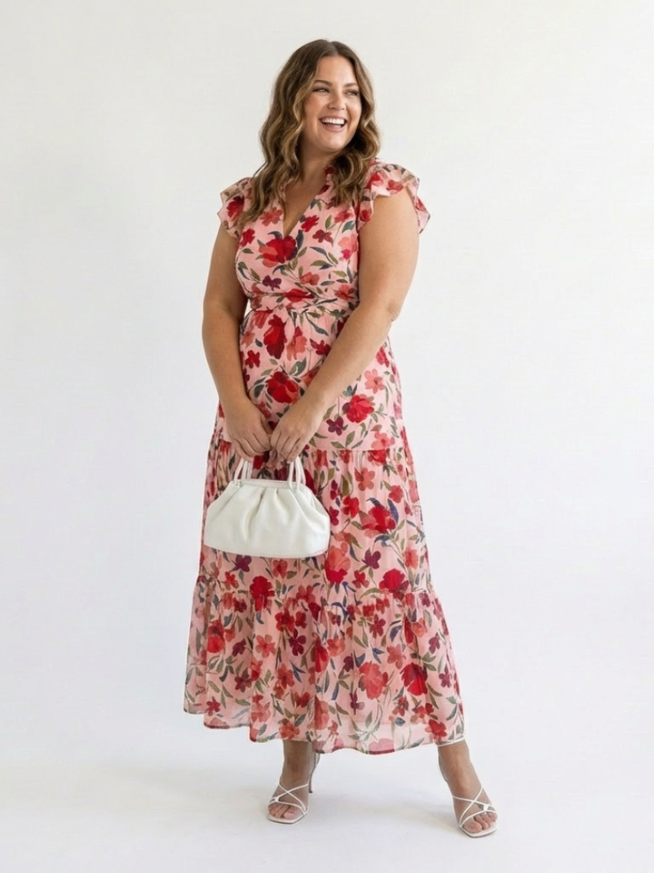 Lilac Floral Print Flared Midi Dress