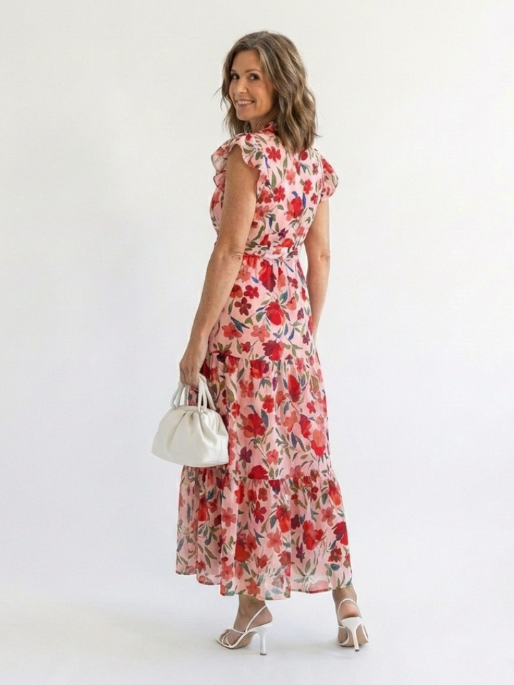 Lilac Floral Print Flared Midi Dress