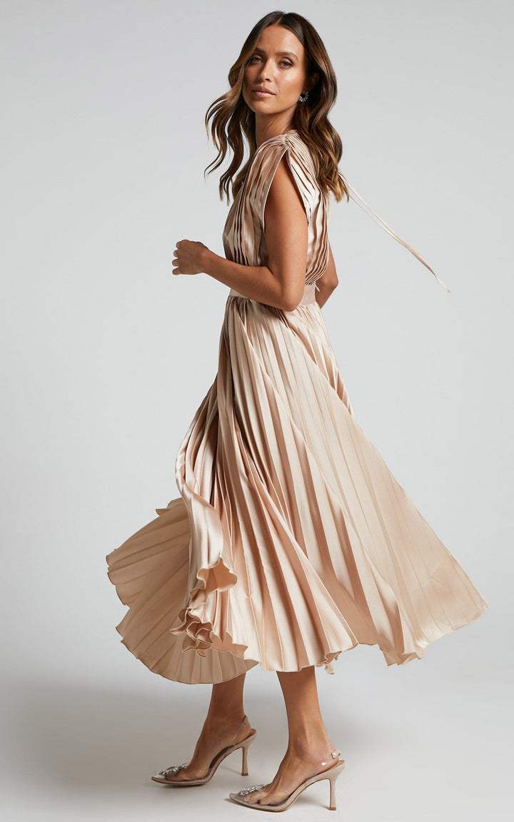 Elegant Satin Pleated V-neck Flowing Midi Dress