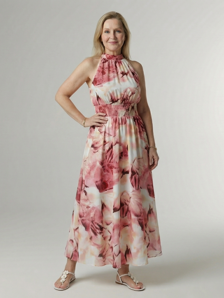 Midi Dress with Gathered Halter Neckline
