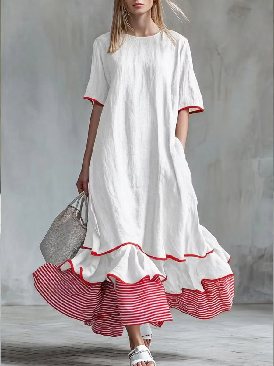 Women's Patchwork Striped Midi Dress – Casual Red Summer Dress