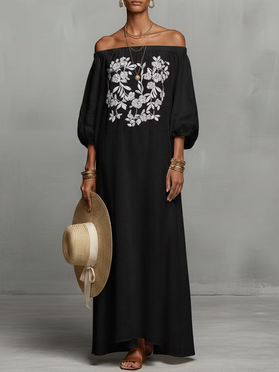 Casual women's linen dress with long sleeves and round neck.