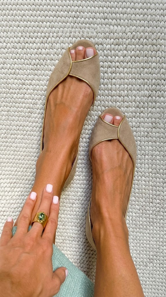 Open Toe D'Orsay Ballet Flats in Beige Suede and Gold